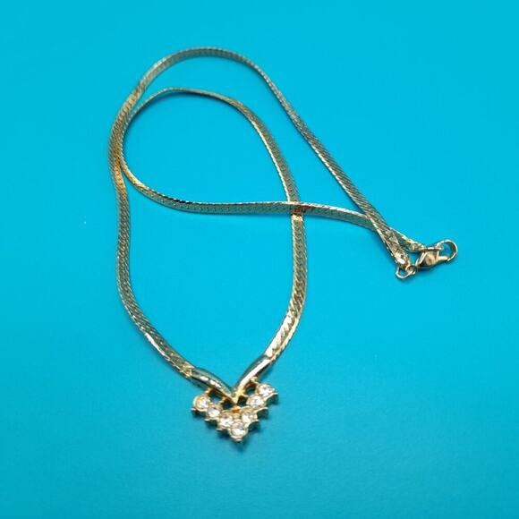 Vintage Rhinestone Choker Necklace, Clear Rhinestones, Herringbone Chain, 16 In - Picture 7 of 10